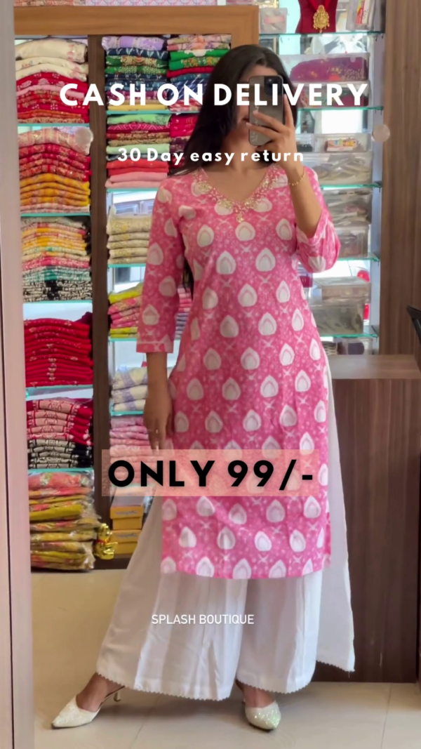 Elegant Pink Printed Cotton Kurti with White Palazzos