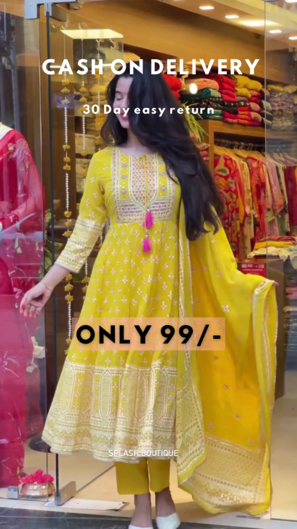 Radiant Yellow Embroidered Anarkali Kurta Set, - Image 3