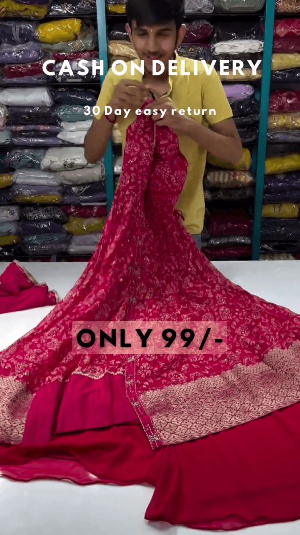 Clover Candy Pink Embroidered Kurti with Sharara and Organza Dupatta (Set of 3) - Image 4