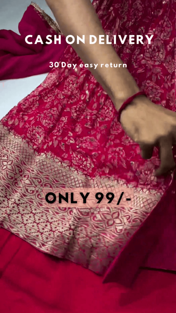 Clover Candy Pink Embroidered Kurti with Sharara and Organza Dupatta (Set of 3) - Image 3