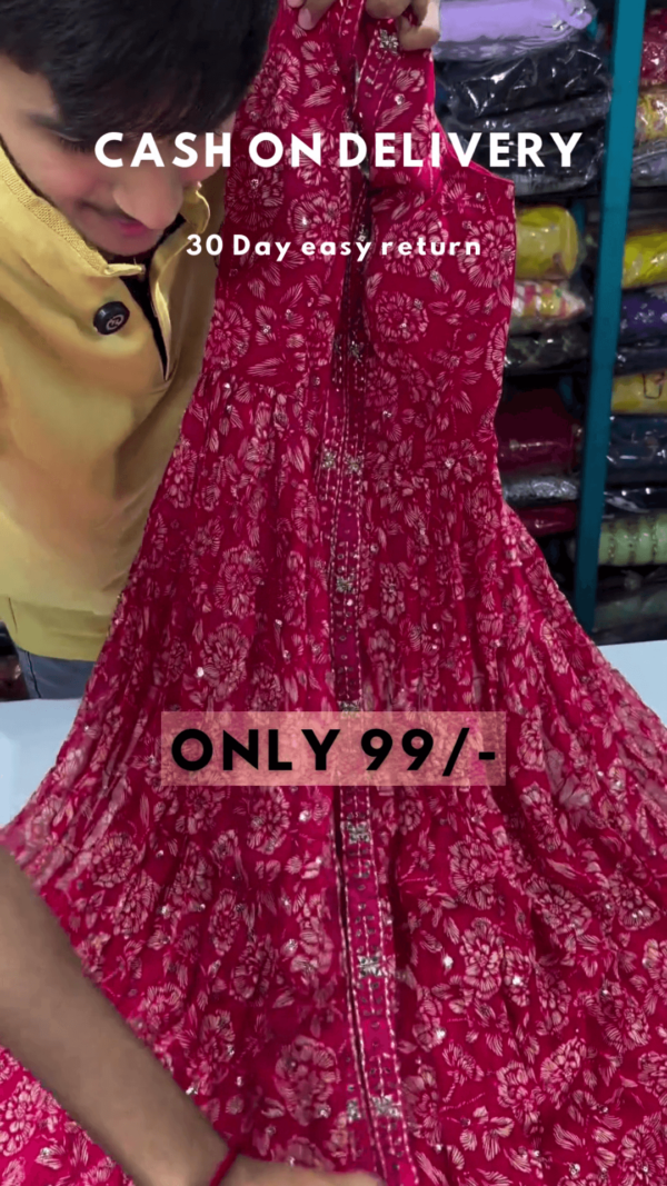 Clover Candy Pink Embroidered Kurti with Sharara and Organza Dupatta (Set of 3) - Image 2