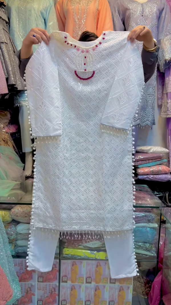 Elegant White Chikankari Kurta Set with Bead Embellishments
