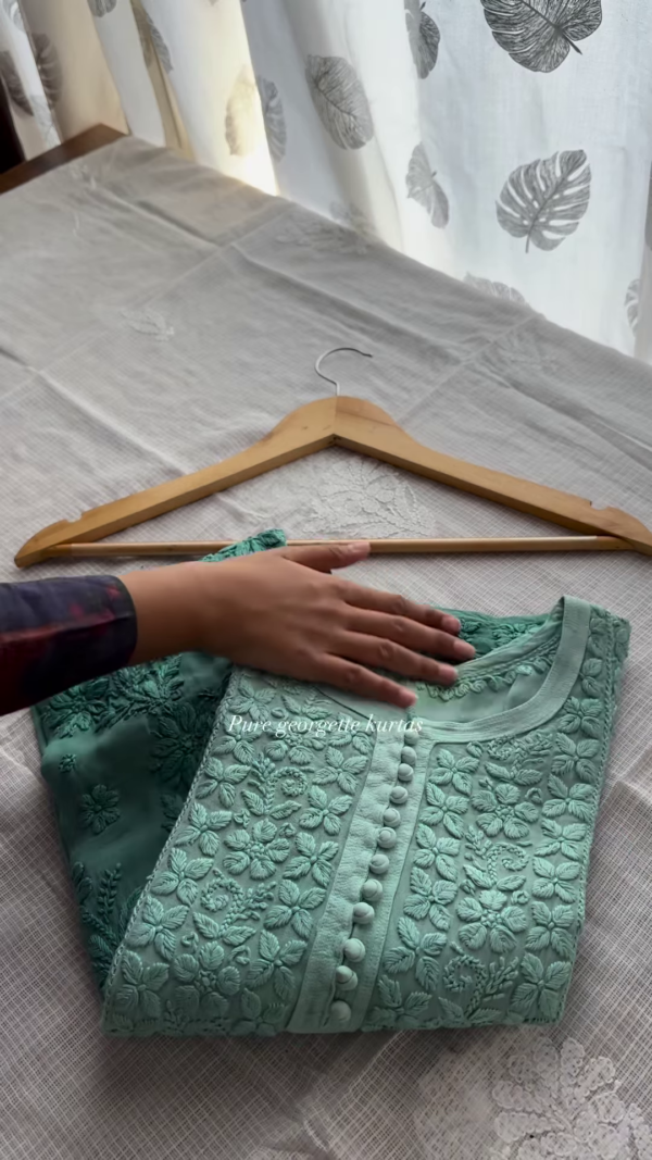 Aqua Green Pure Georgette Embroidered Kurta - Image 3