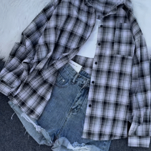 Plaid Oversized Shirt with Ripped Denim Shorts – Casual Street Style Combo for Women