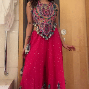 Mirror Work Tassel Embellished Crop Top & Sharara Set – Vibrant Navratri & Garba Look for Festive Nights