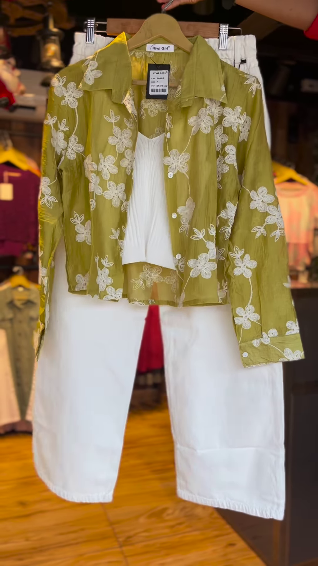 Elegant Olive Green Floral Embroidered Shirt & White Trousers Co-ord Set - Chic Women's Resort Wear