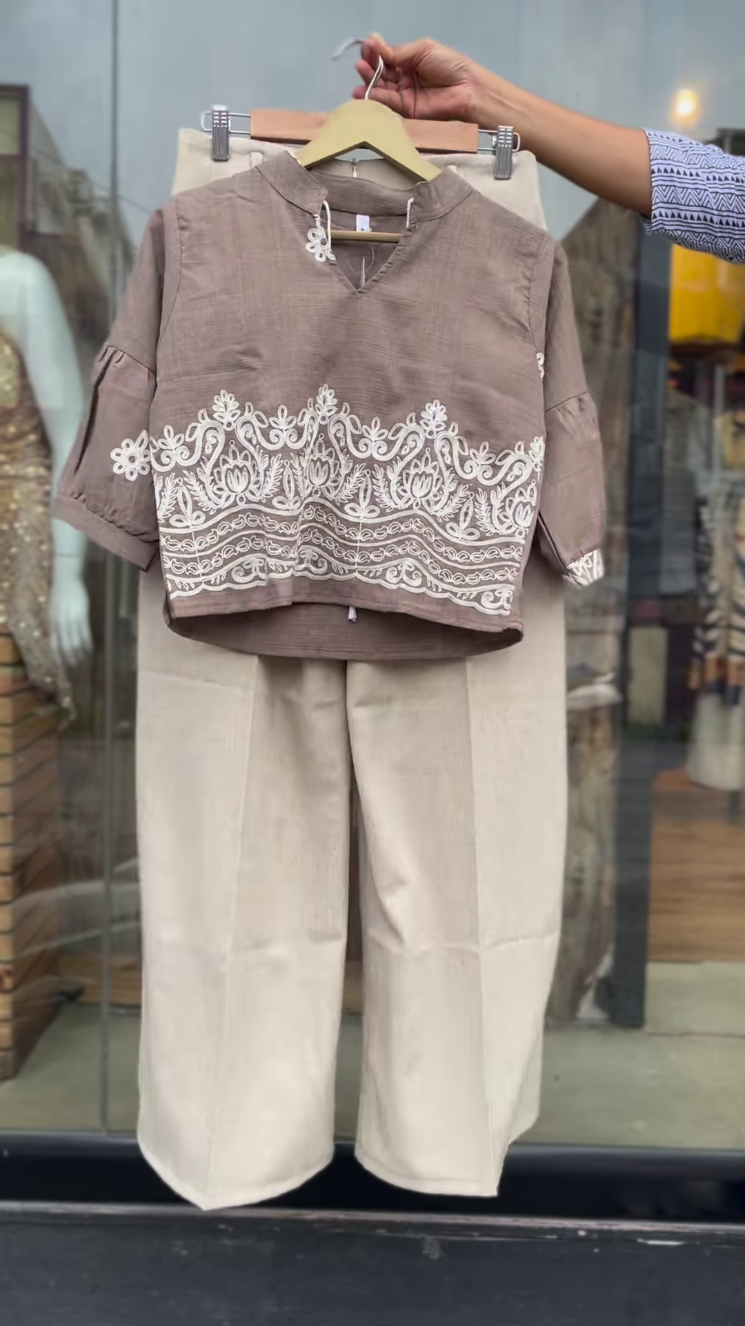 Elegant Taupe Co-ord Set with White Embroidered Details - Women's Casual Chic Outfit