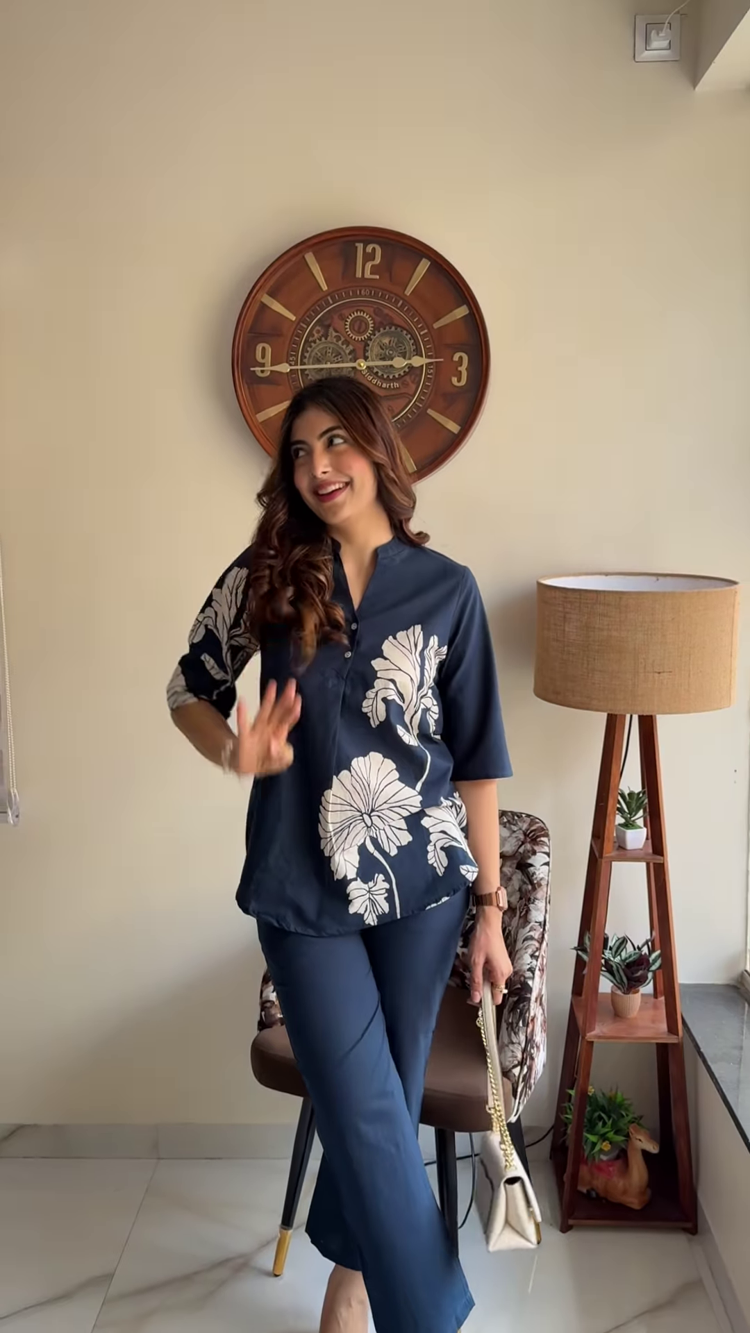 Elegant Navy Blue Floral Print Co-ord Set - Stylish Women's Top and Trousers Outfit