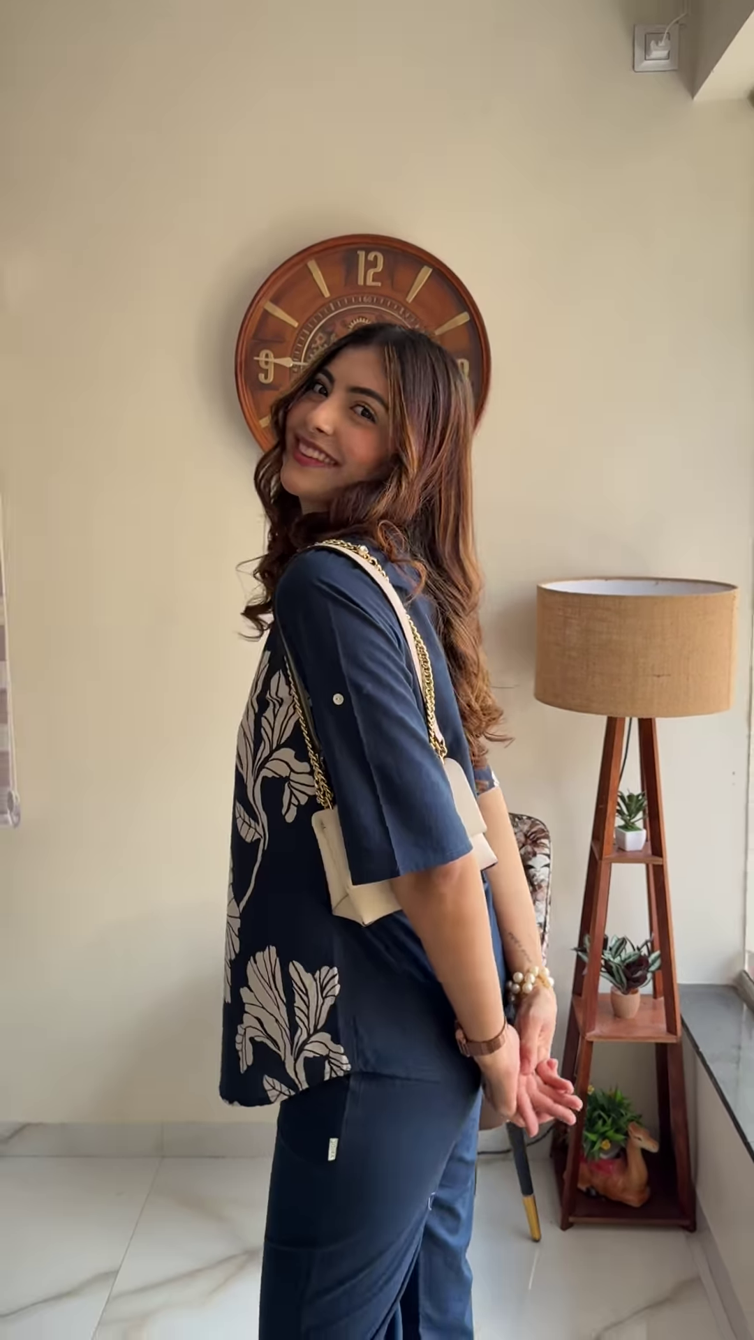 Elegant Navy Blue Floral Print Co-ord Set - Stylish Women's Top and Trousers Outfit - Image 6