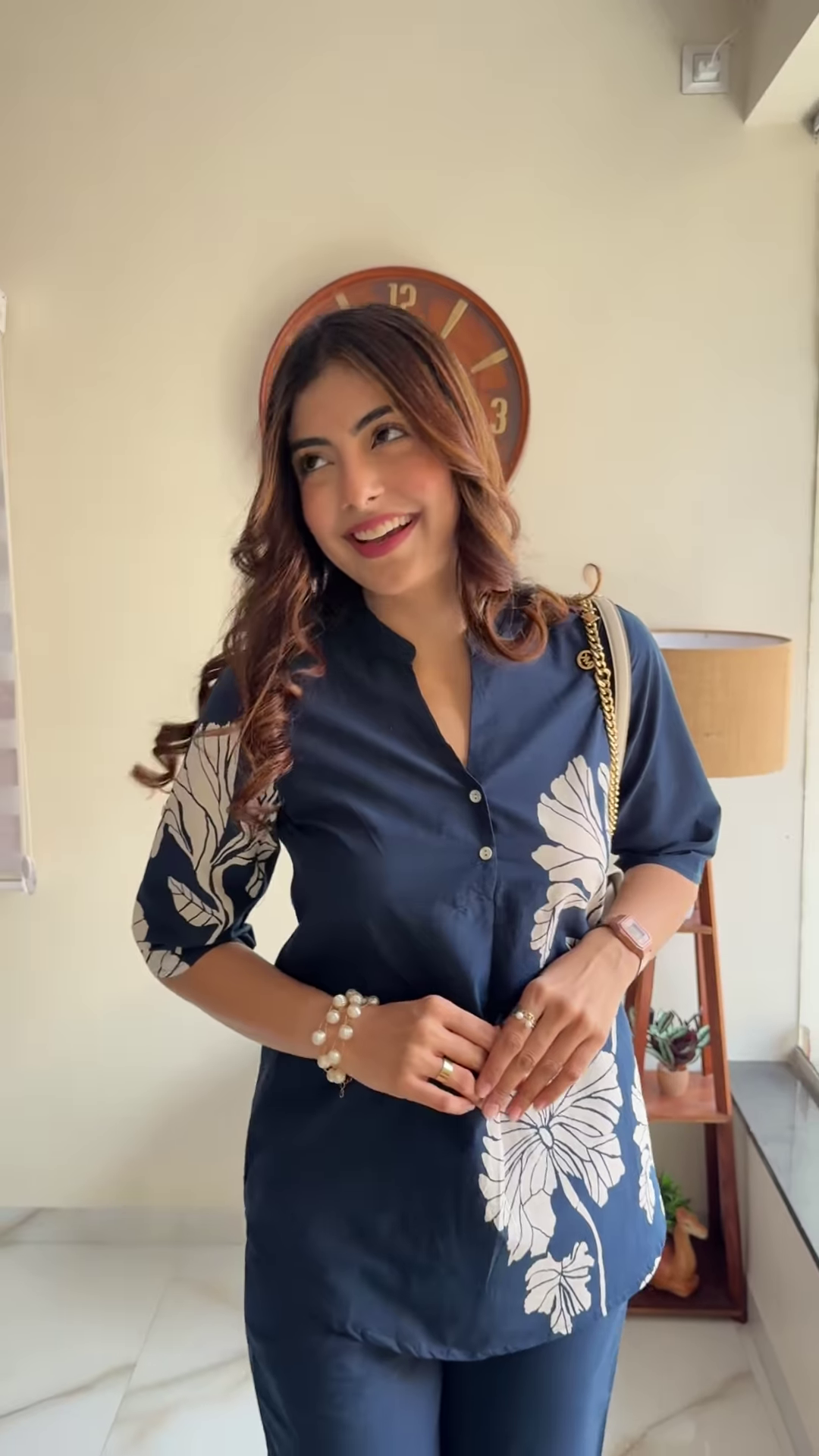 Elegant Navy Blue Floral Print Co-ord Set - Stylish Women's Top and Trousers Outfit - Image 4