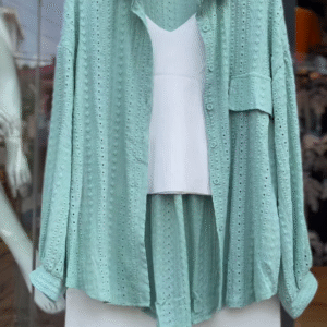 Breathable Eyelet Co-ord Set in Mint Green - Stylish Women's Shirt, Top & Shorts Trio