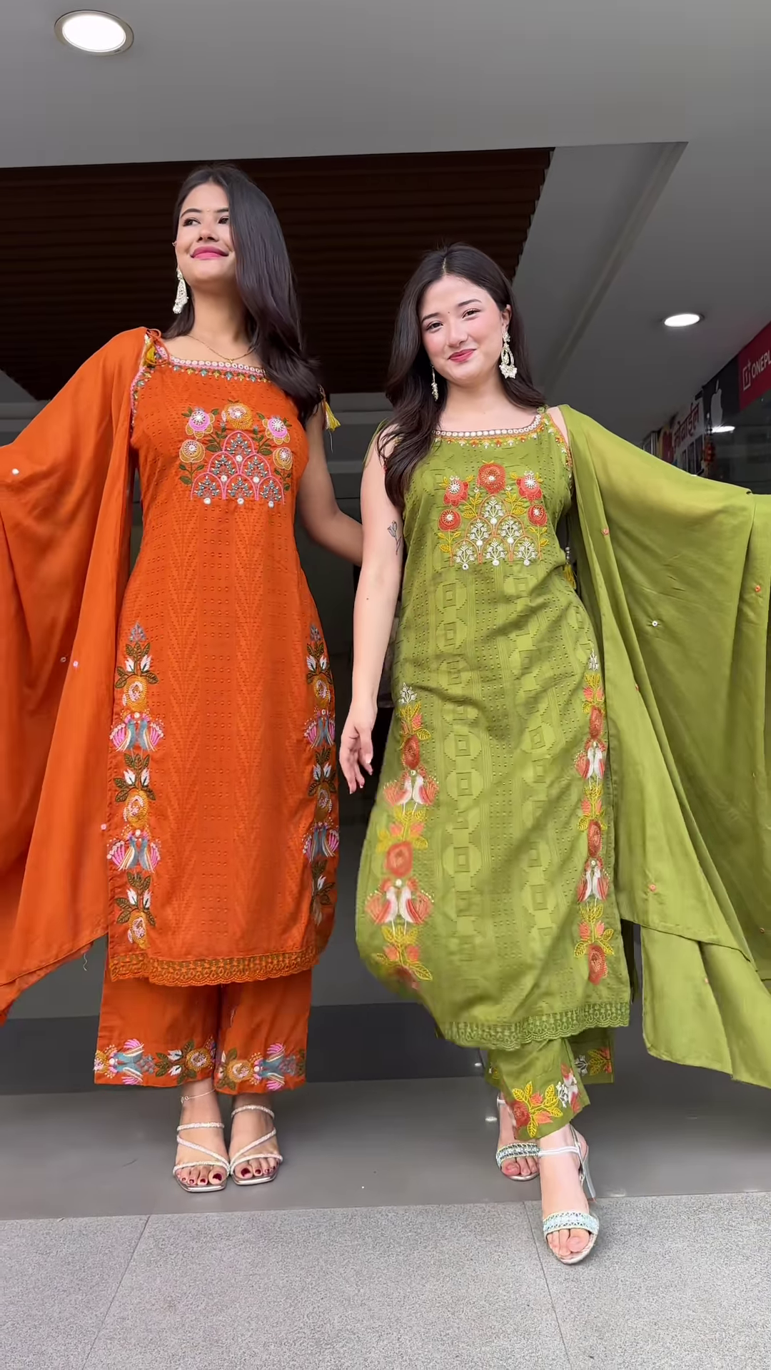 Vibrant Embroidered Ethnic Sets for Women - Orange & Olive Green Festive Wear