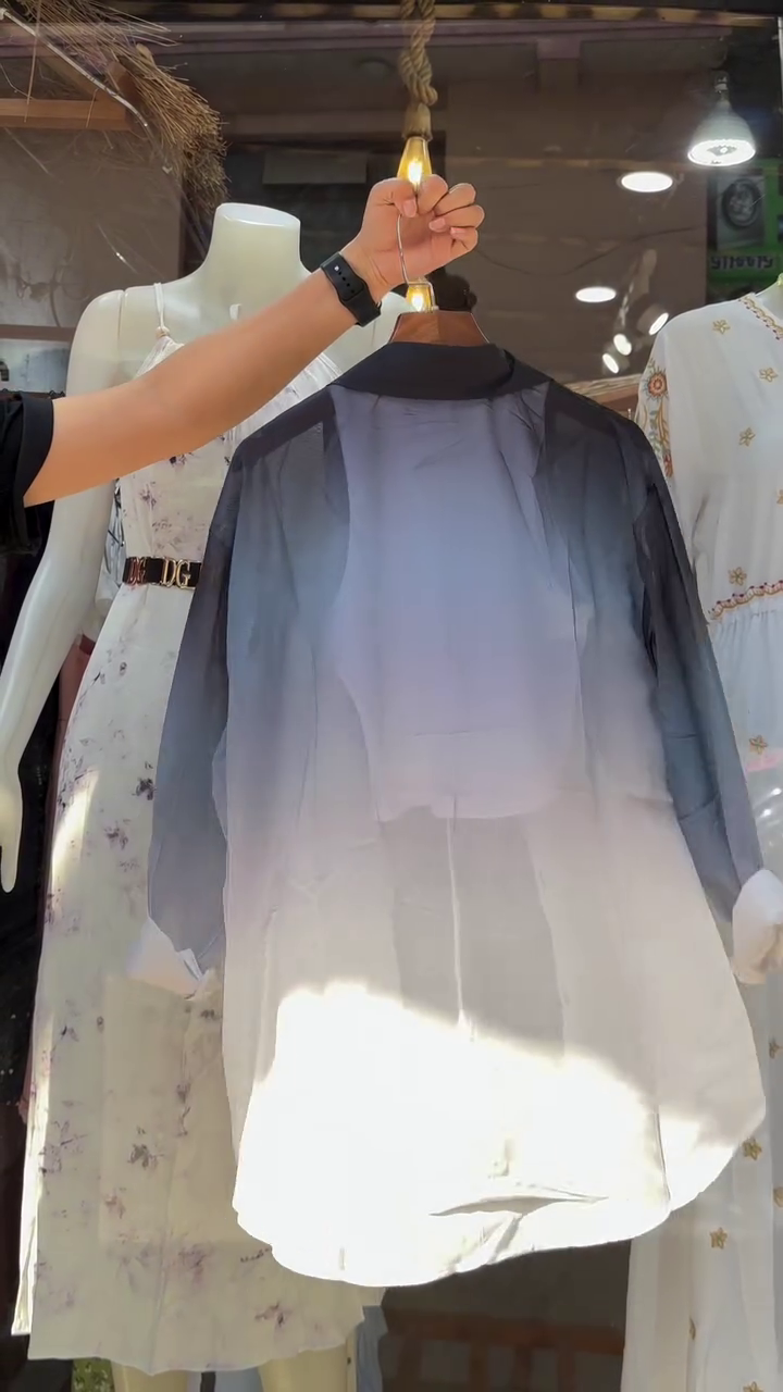 Women’s Gradient Purple-White Button-Up Shirt with Layered Necklace and Crop Top – Trendy Street Style - Image 2