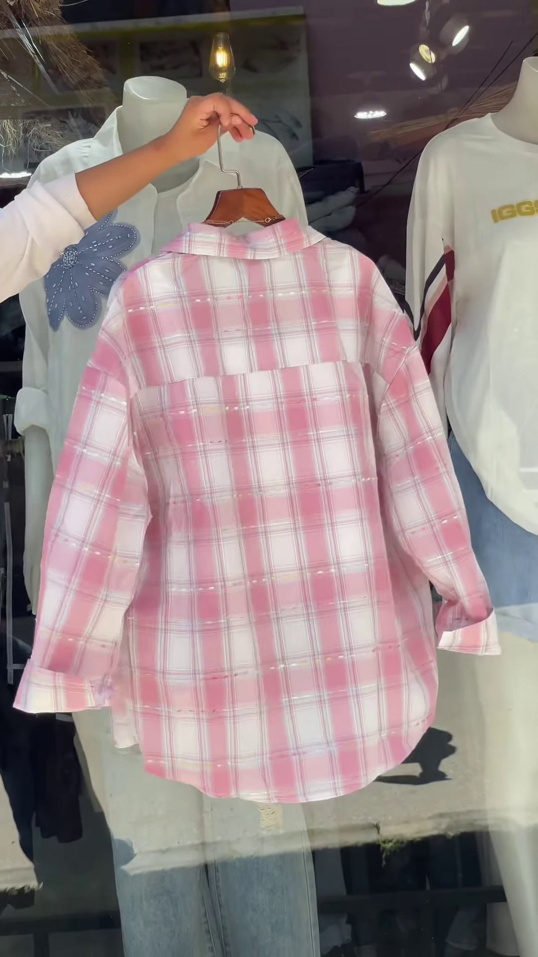 Women’s Pink & White Checkered Overshirt with White Tank Layer – Casual Street Style with Celestial Necklace Accent - Image 4
