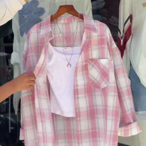 Women’s Pink & White Checkered Overshirt with White Tank Layer – Casual Street Style with Celestial Necklace Accent