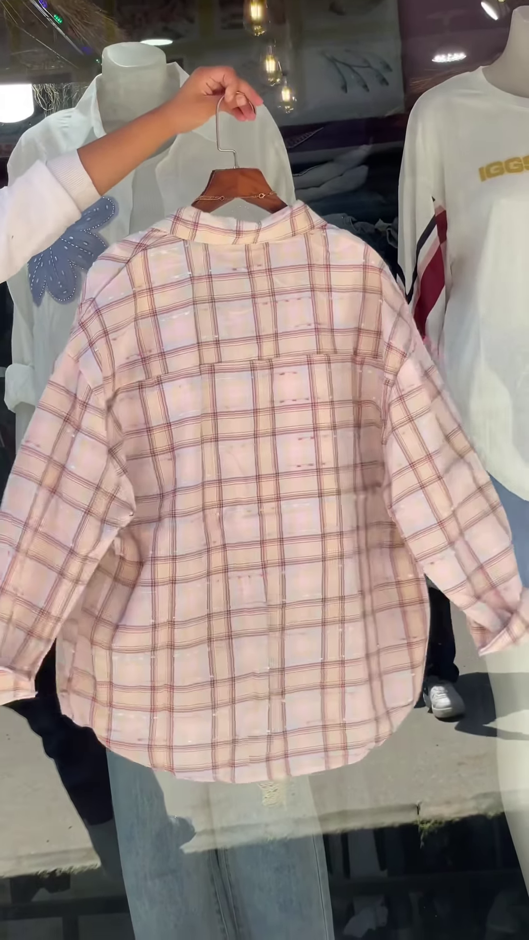 Women’s Pink & White Checkered Overshirt with White Tank Layer – Casual Street Style with Celestial Necklace Accent - Image 2