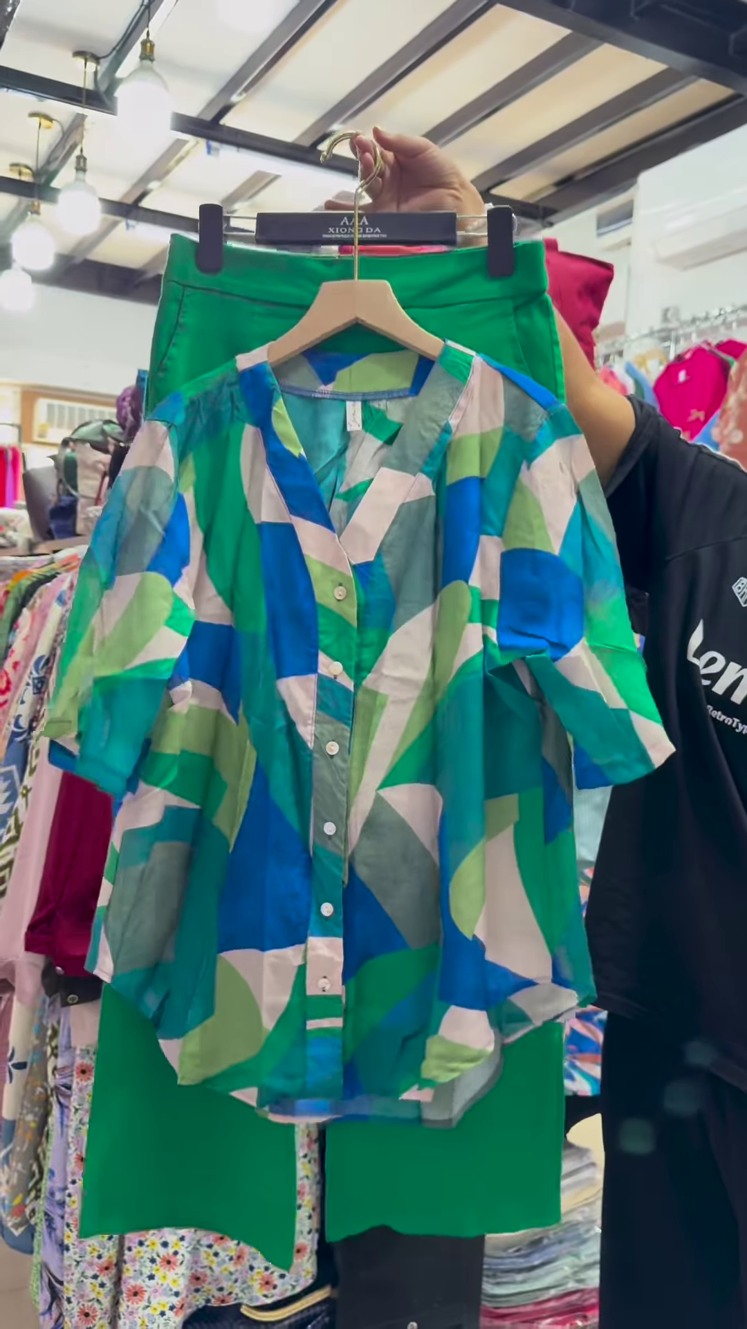 Unisex Geometric Print Button-Up Shirt with Solid Green Skirt – Contemporary Streetwear Fusion - Image 8