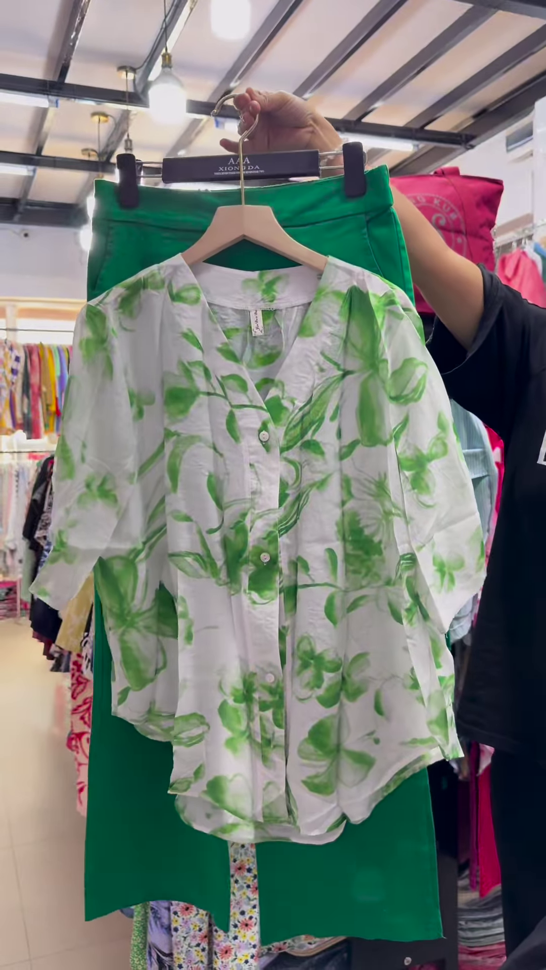 Unisex Geometric Print Button-Up Shirt with Solid Green Skirt – Contemporary Streetwear Fusion - Image 5