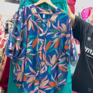 Unisex Geometric Print Button-Up Shirt with Solid Green Skirt – Contemporary Streetwear Fusion