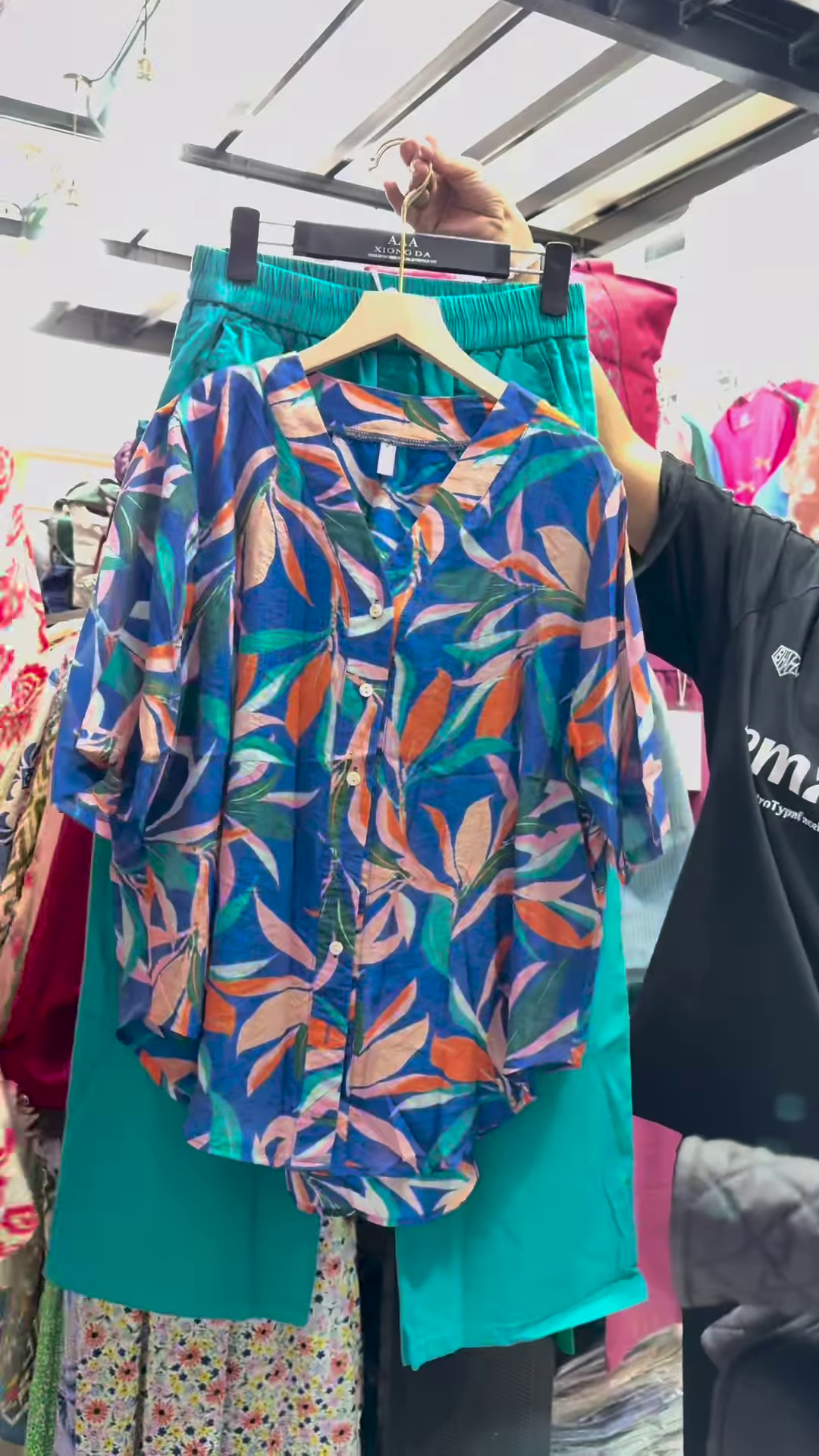 Unisex Geometric Print Button-Up Shirt with Solid Green Skirt – Contemporary Streetwear Fusion