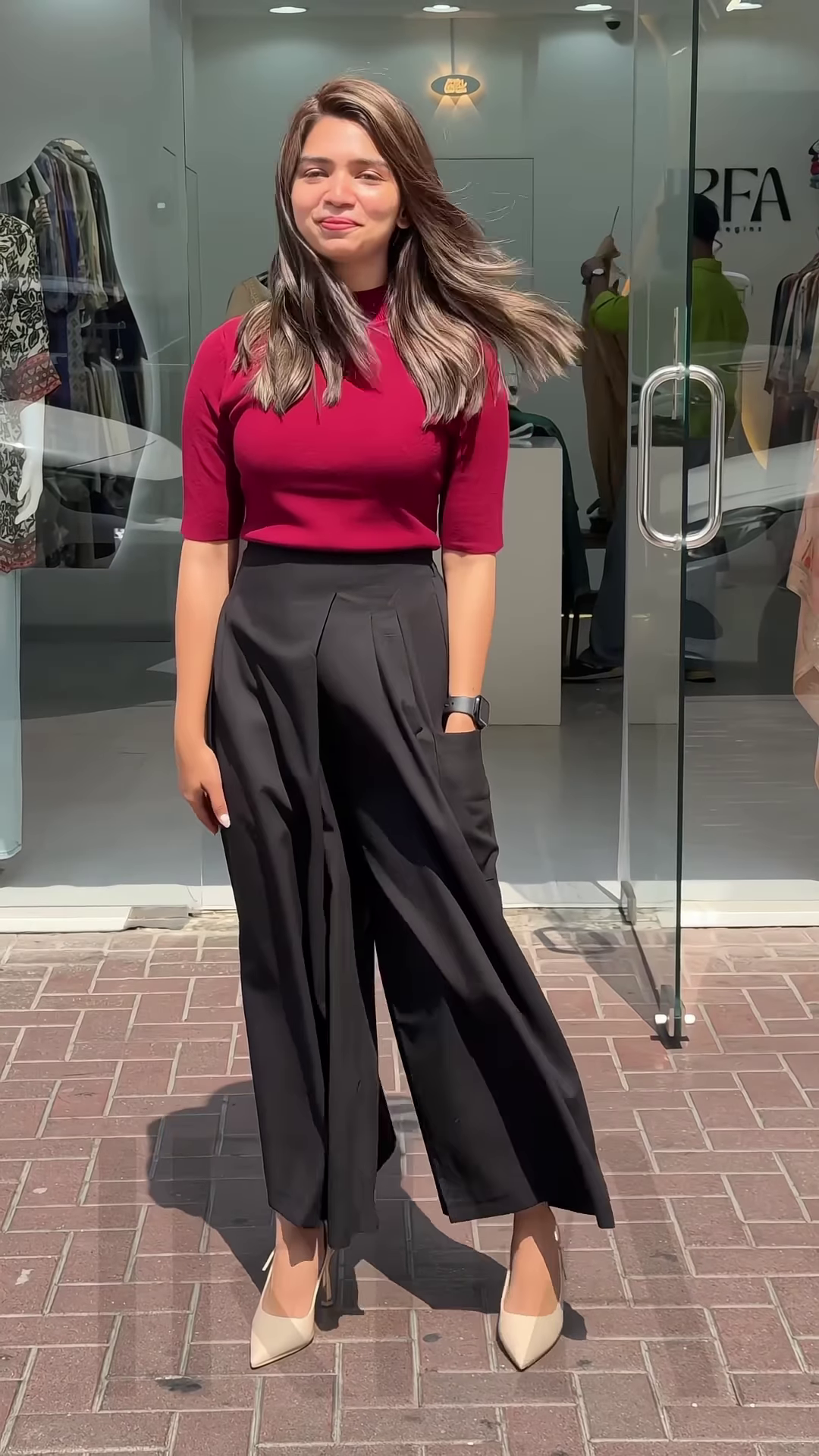 Women’s Mustard Short Sleeve T-Shirt with White Wide-Leg Pants – Minimalist Streetwear Look - Image 3