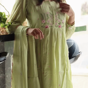 Women’s Light Green Embroidered Kurti with Floral Threadwork – Elegant Long-Sleeve Ethnic Casualwear