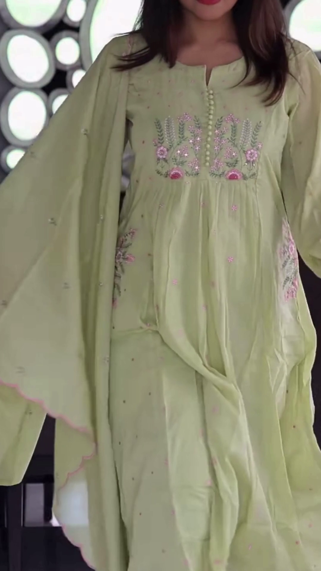 Women’s Light Green Embroidered Kurti with Floral Threadwork – Elegant Long-Sleeve Ethnic Casualwear - Image 6