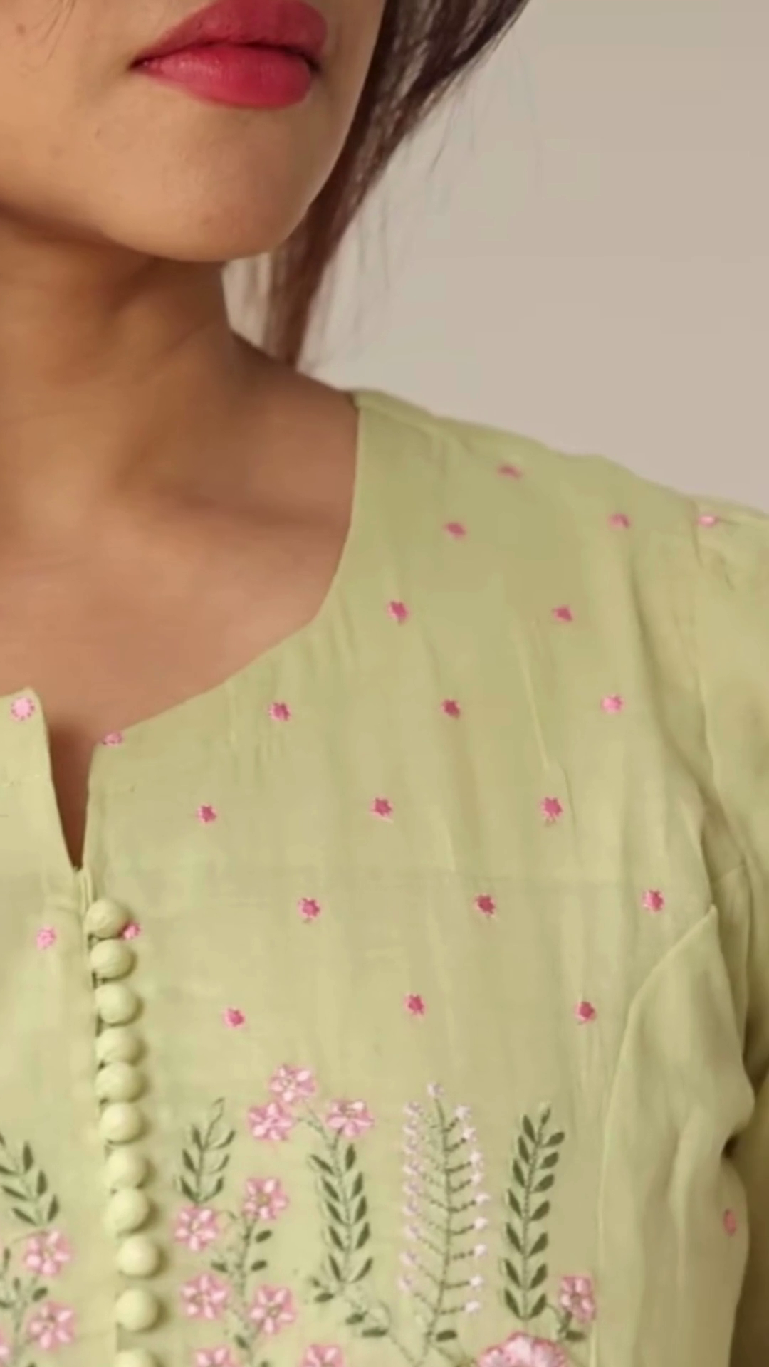 Women’s Light Green Embroidered Kurti with Floral Threadwork – Elegant Long-Sleeve Ethnic Casualwear - Image 4