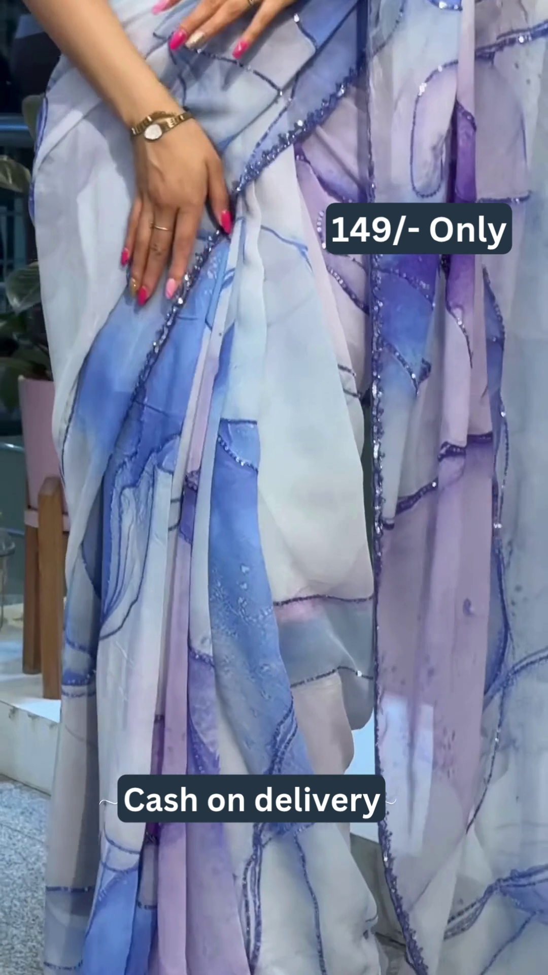 Women’s Abstract Blue-Purple Printed Saree with Solid Blouse – Lightweight Everyday Ethnicwear - Image 3