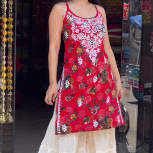 Women’s Red Sleeveless Embroidered Kurti with Cream Wide-Leg Bottom – Elegant Boutique Ethnic Ensemble