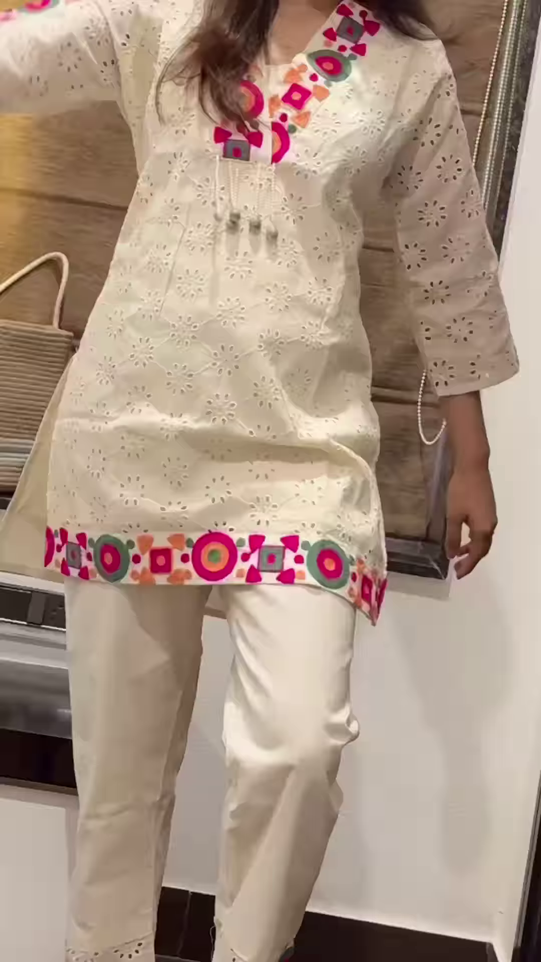 Women’s Beige Embroidered Kurta Pant Set with Geometric Pink-Green Motifs – Cultural Boutique Portrait Edit - Image 3