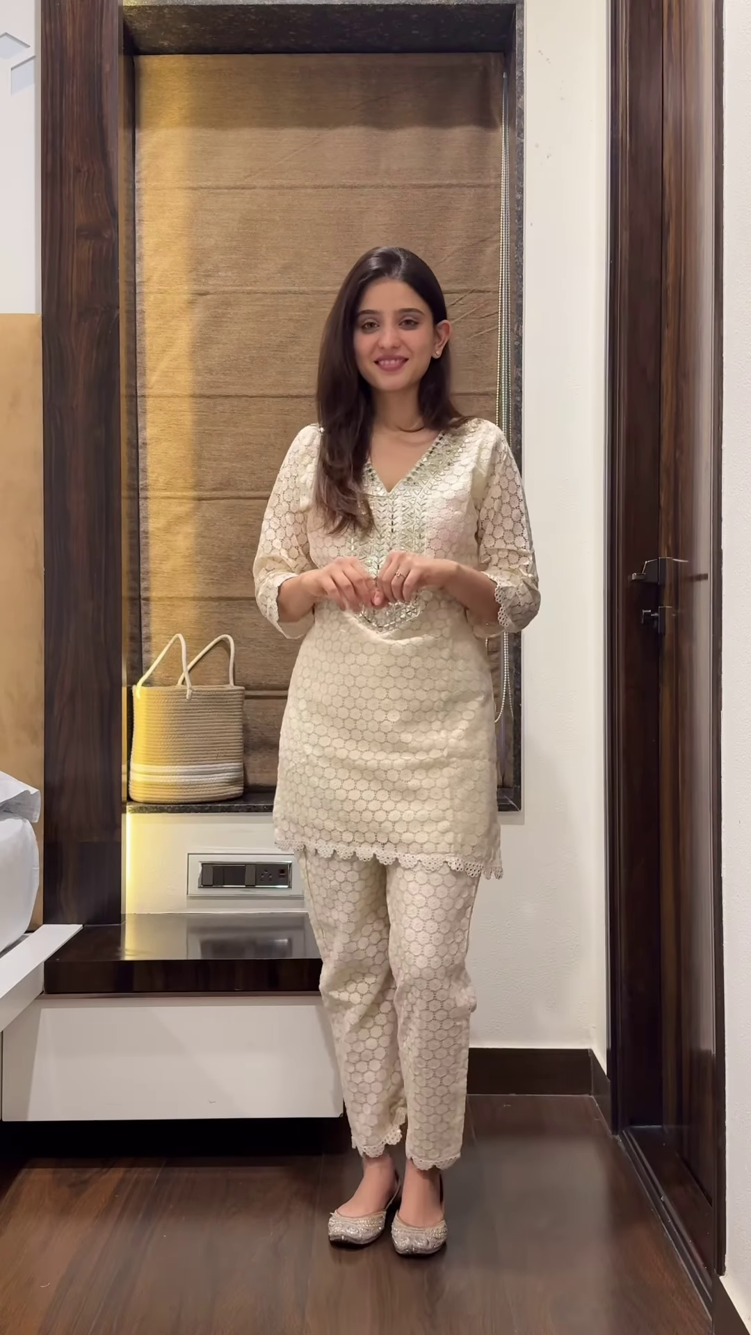 Women’s Beige Embroidered Kurta Pant Set with Geometric Pink-Green Motifs – Cultural Boutique Portrait Edit - Image 2