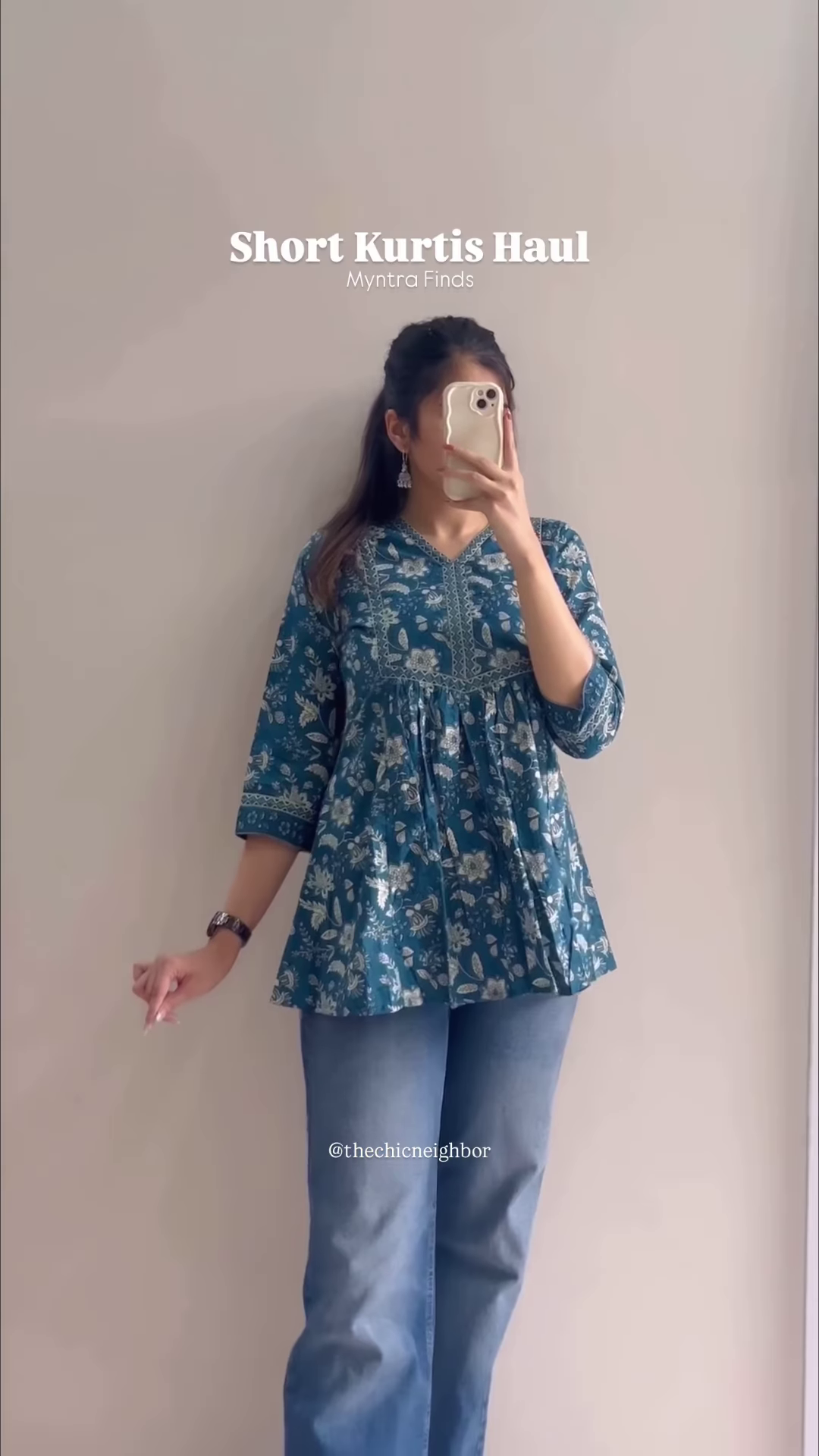 Women’s Black Short Kurti with White Threadwork & Light Blue Jeans – Casual Ethnic Streetwear Edit - Image 3