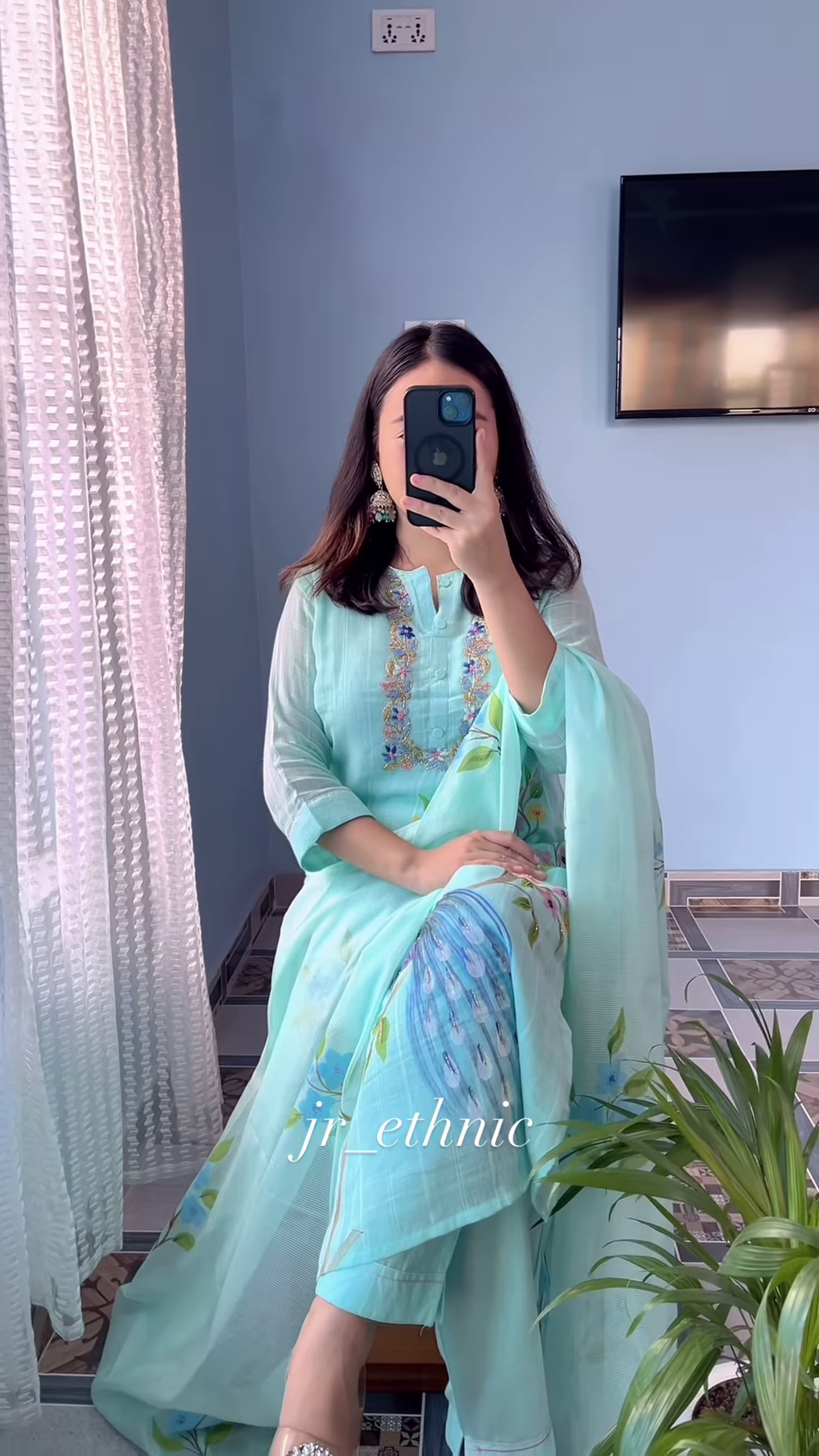 Women’s Light Blue Printed Kurta Churidar Dupatta Set with Floral & Peacock Motifs – Elegant Ethnicwear - Image 4
