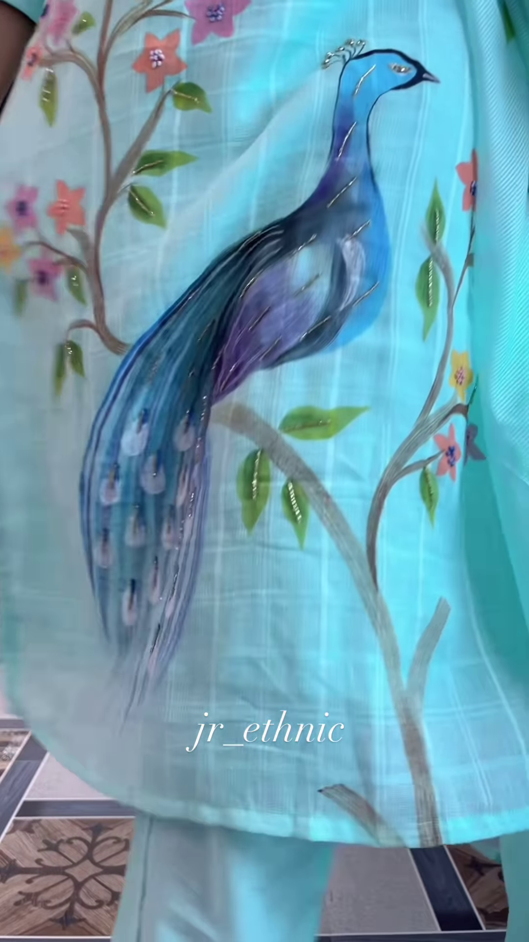 Women’s Light Blue Printed Kurta Churidar Dupatta Set with Floral & Peacock Motifs – Elegant Ethnicwear - Image 2