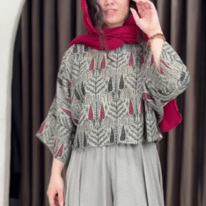 Women’s Red Printed Headscarf with Abstract Top & Gray Wide-Leg Pants – Boho Urban Doorway Portrait Ensemble