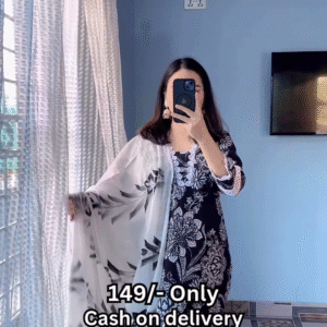 Women’s Black Floral Kurti with White Lace Accents