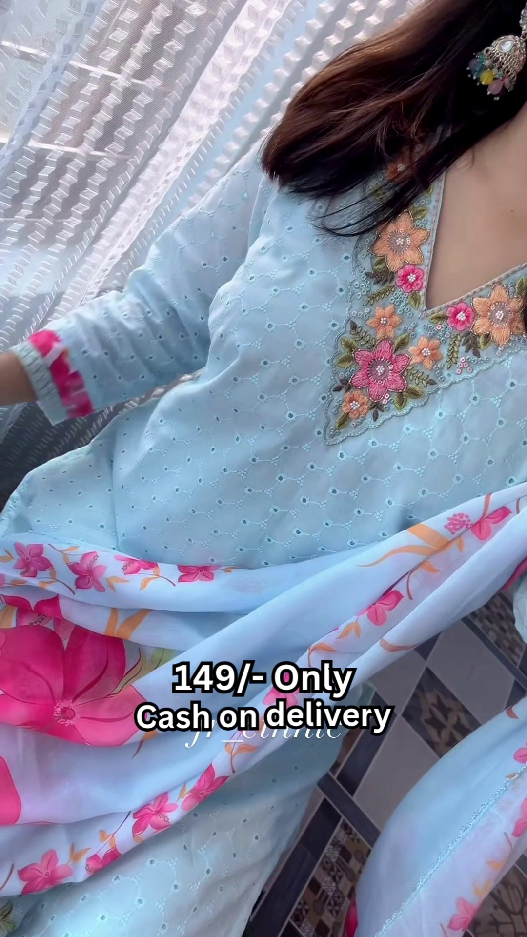 Women’s Light Blue Floral Printed Kurti with Matching Dupatta - Image 4