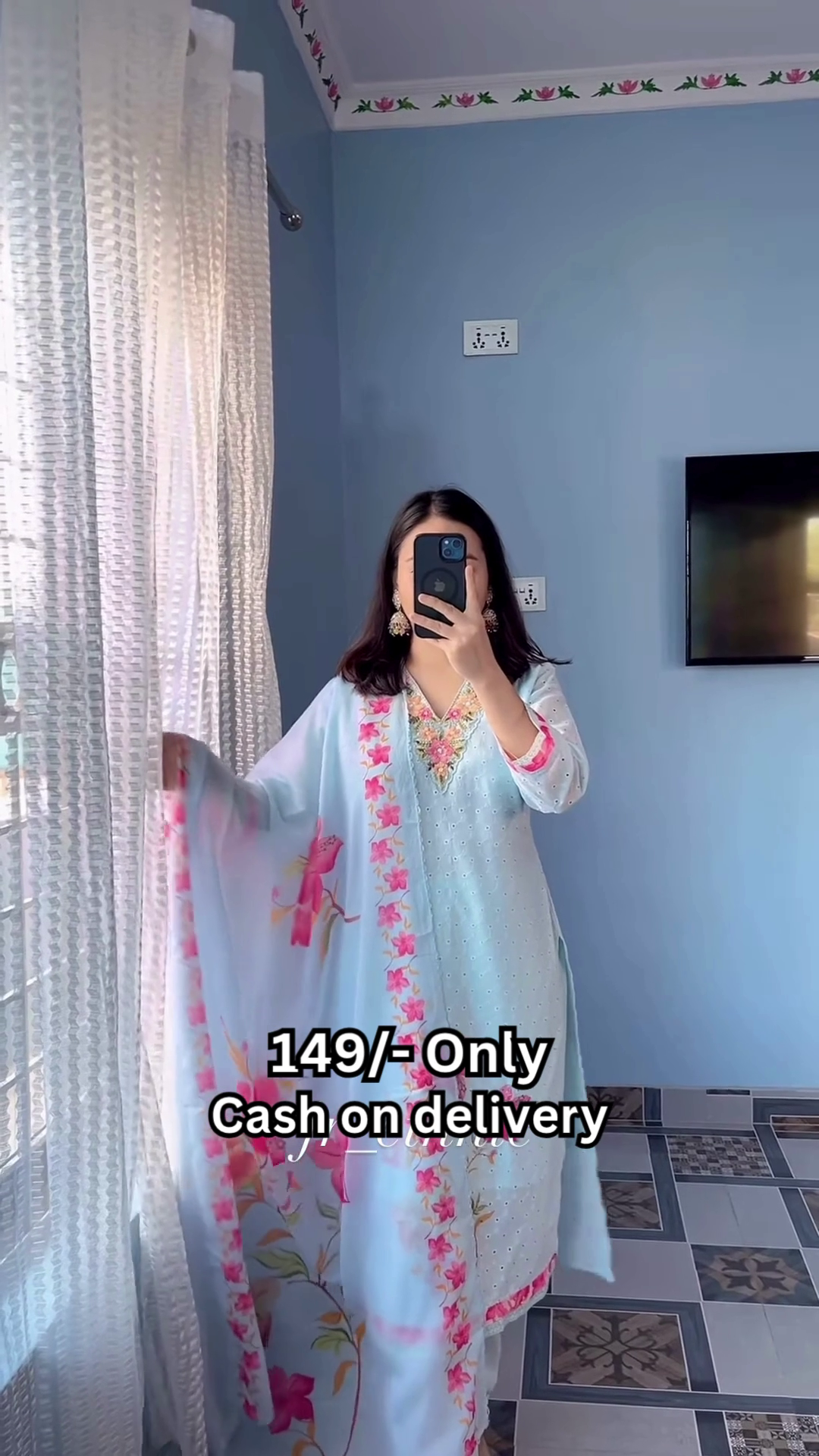 Women’s Light Blue Floral Printed Kurti with Matching Dupatta - Image 3