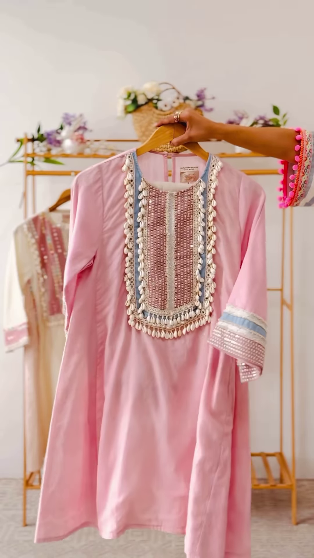 Women’s Baby Pink Beaded Kurti with Shell Accents – Premium Embroidered Ethnicwear for Boutique Collections - Image 7