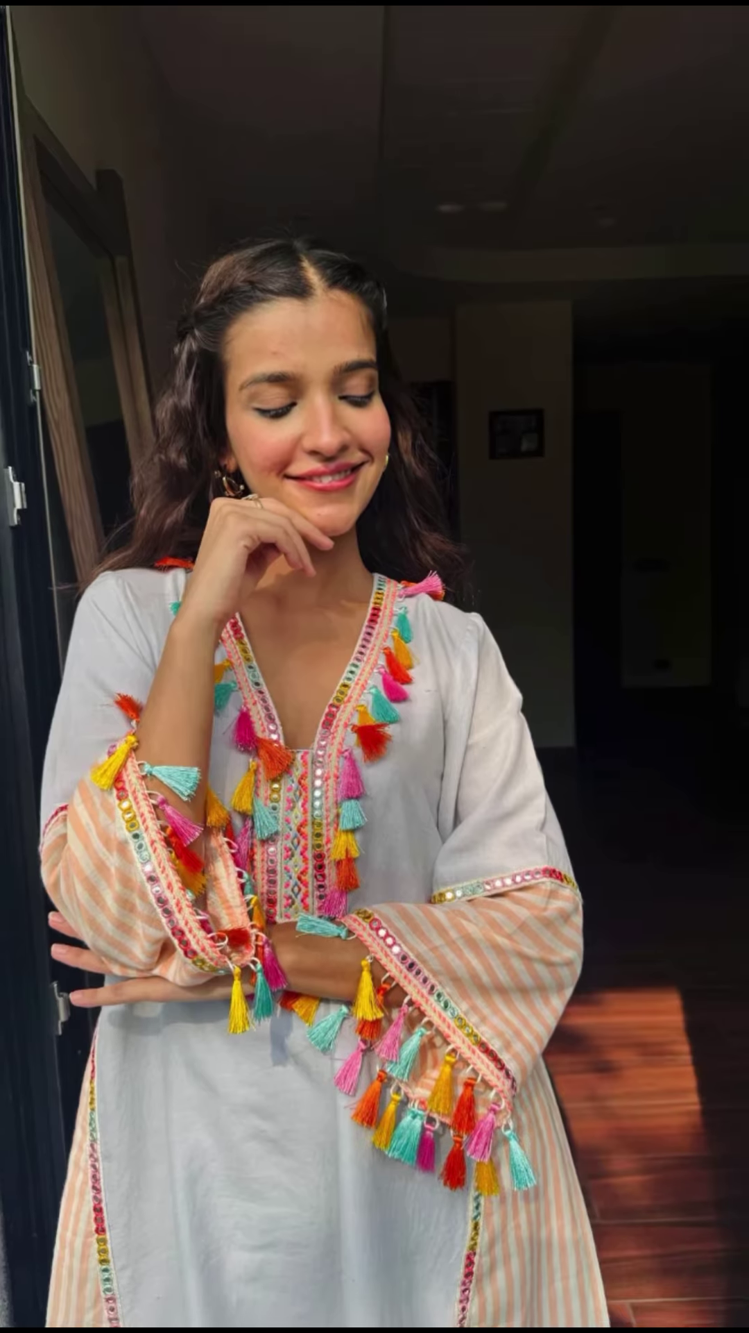 Women’s Baby Pink Beaded Kurti with Shell Accents – Premium Embroidered Ethnicwear for Boutique Collections - Image 2