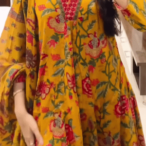 Women’s Yellow Floral Printed Kurti with Red Neckline Border – Ethnic Everyday Ensemble with Seasonal Charm