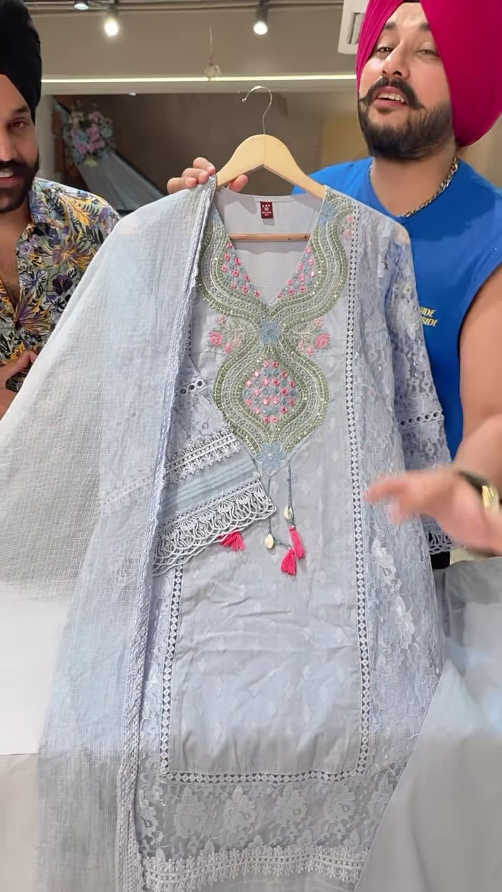 Women’s Light Blue Lace Kurti with Pink Floral Embroidery & Tassel Details – Ethnicwear Set with Sheer Dupatta - Image 3