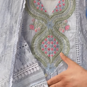 Women’s Light Blue Lace Kurti with Pink Floral Embroidery & Tassel Details – Ethnicwear Set with Sheer Dupatta