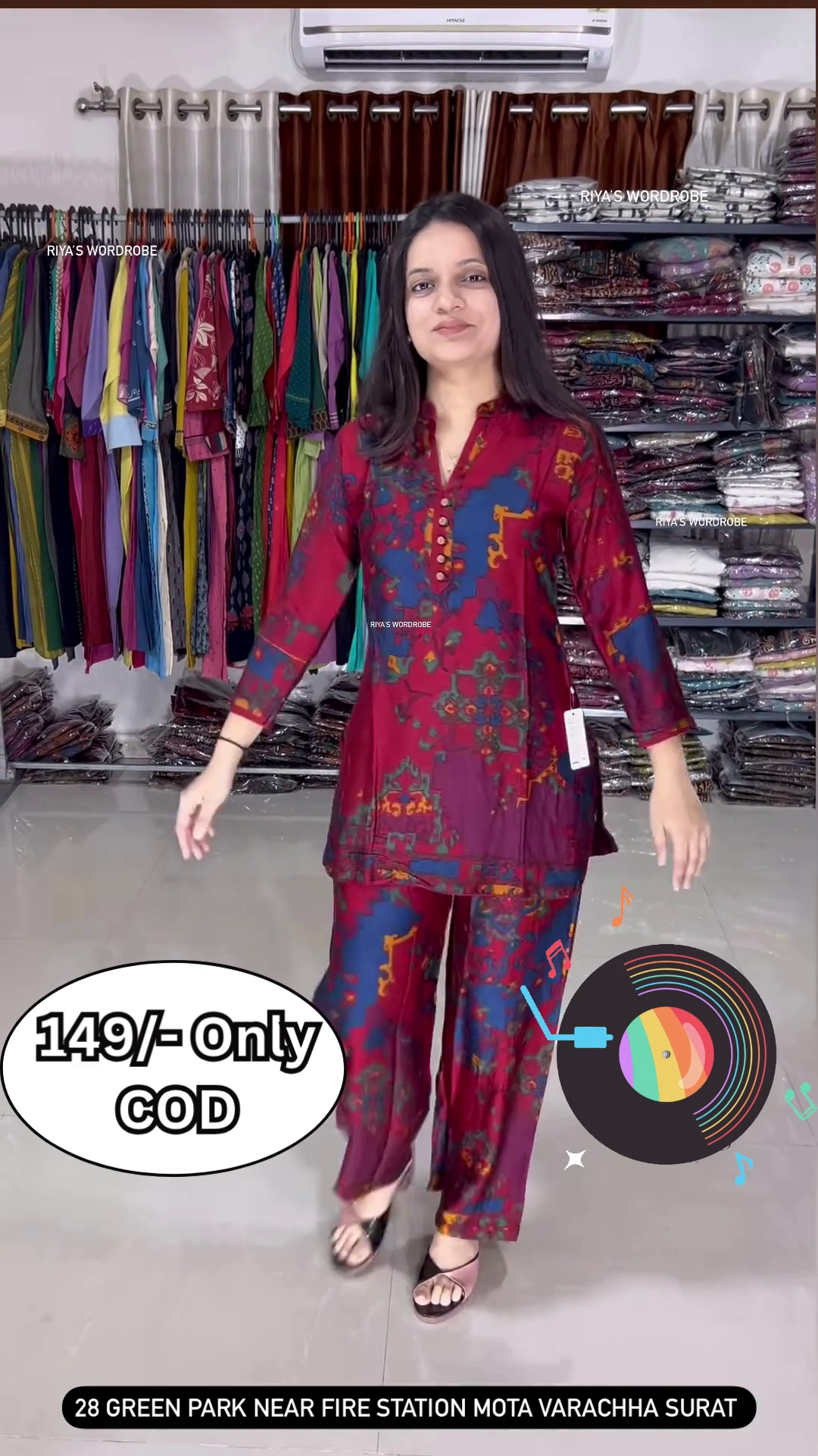 Women’s Multicolor Abstract Printed Kurti with Matching Pants – Ethnic Fusion Co-Ord Set with Music-Themed Backdrop - Image 4