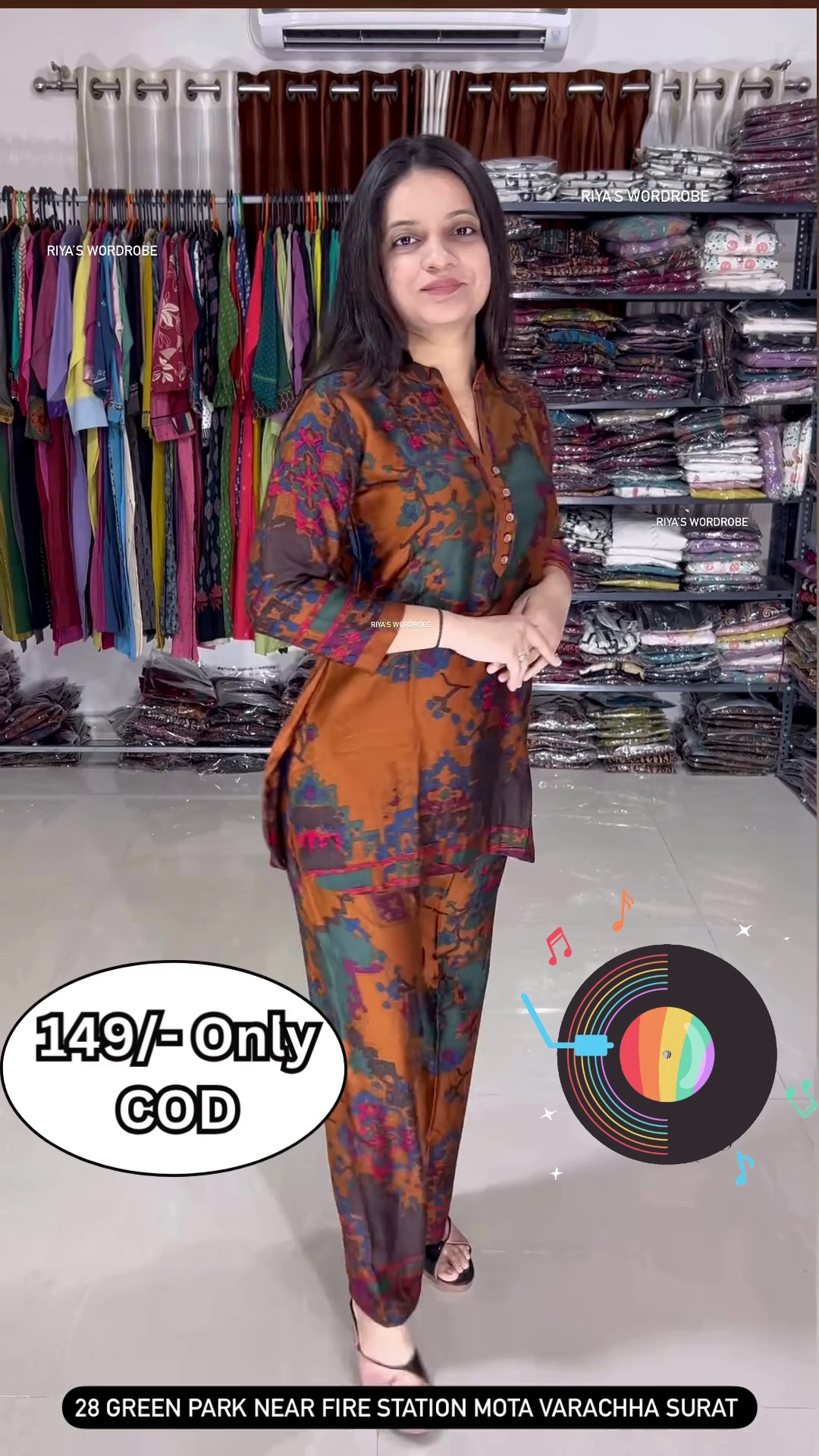 Women’s Multicolor Abstract Printed Kurti with Matching Pants – Ethnic Fusion Co-Ord Set with Music-Themed Backdrop - Image 3