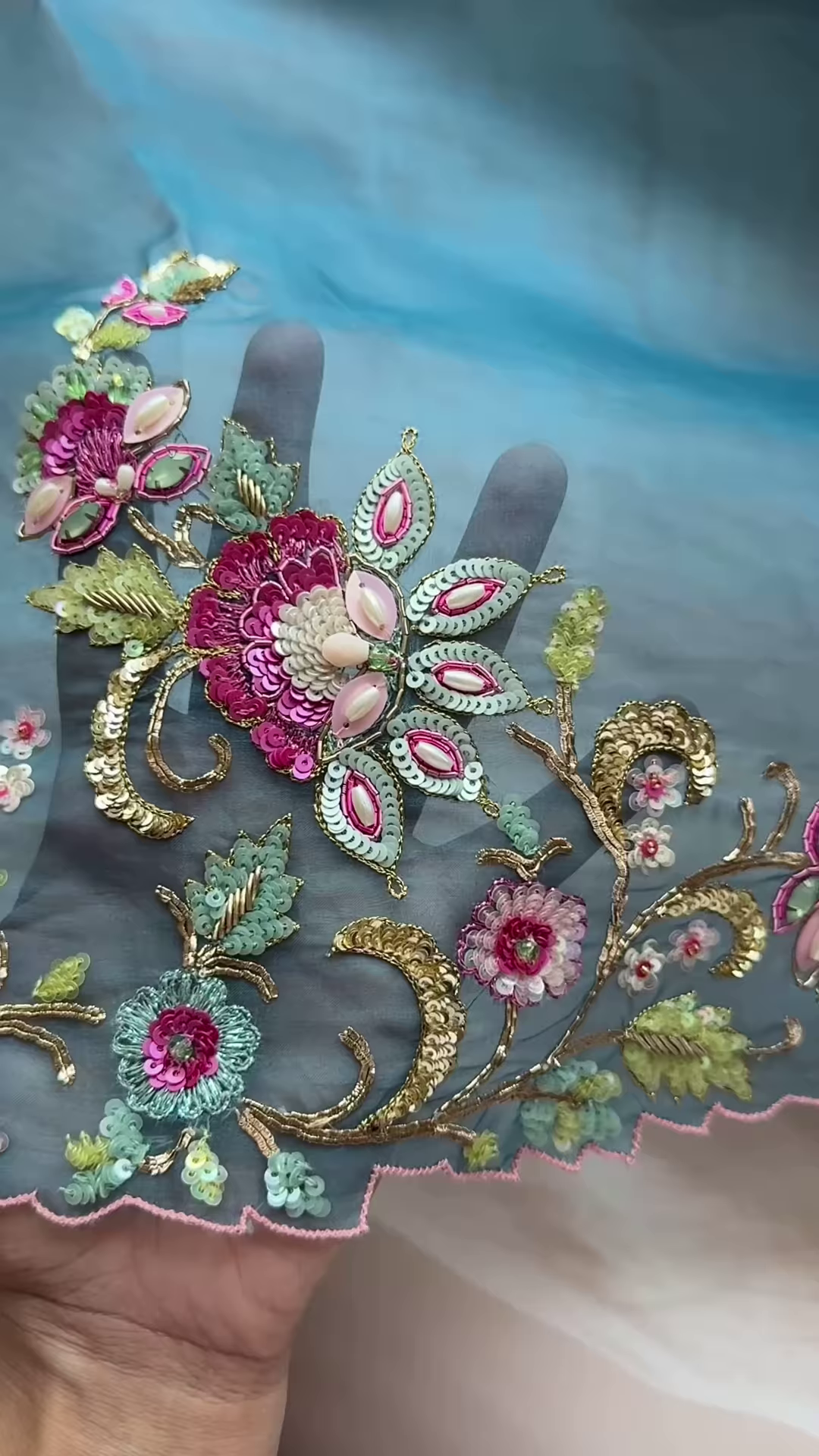 Dual-Toned Embroidered Sheer Fabric Panel with Sequins & Floral Motifs – Pink & Blue Textile for Occasionwear Drapes & Fusion Tailoring - Image 6