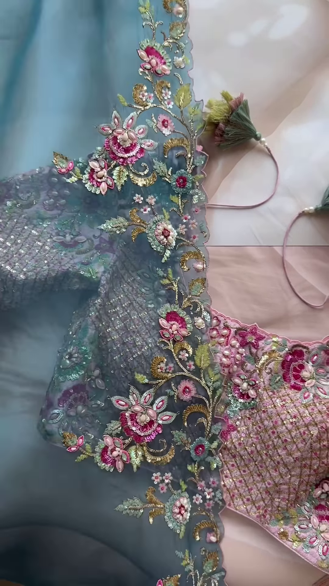 Dual-Toned Embroidered Sheer Fabric Panel with Sequins & Floral Motifs – Pink & Blue Textile for Occasionwear Drapes & Fusion Tailoring - Image 4