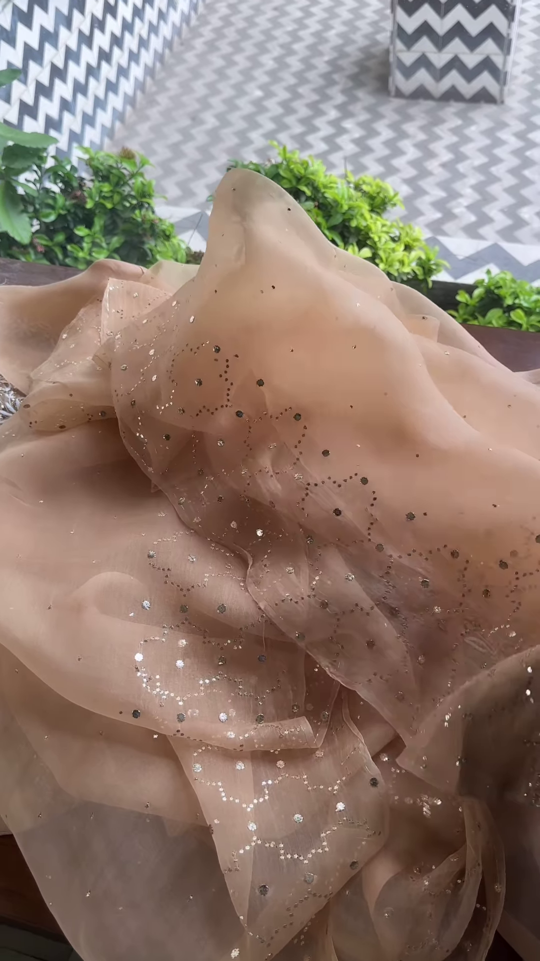 Beige Sheer Embroidered Fabric Panel with White Floral Motifs & Sequin Accents – Ethnicwear Material - Image 7