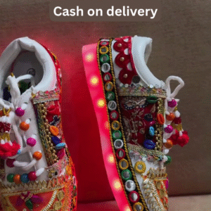Unisex White Ethnic Mojari Footwear with Multicolor Bead Embroidery – Festive Pair with Red Light Showcase Styling